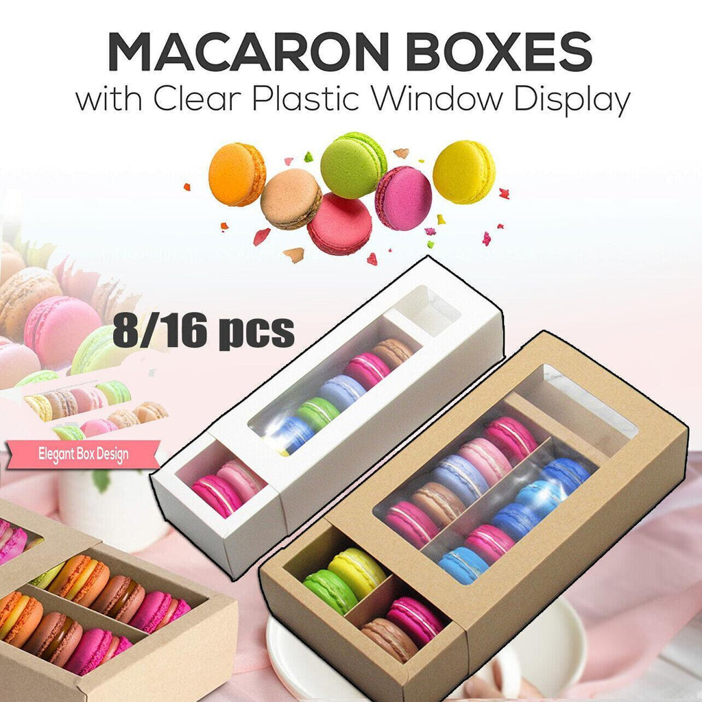 25Pcs White/Kraft Macaron Boxes 8/16 Hold Rectangular Favour Bomboniere Cookie - White 16 Hold