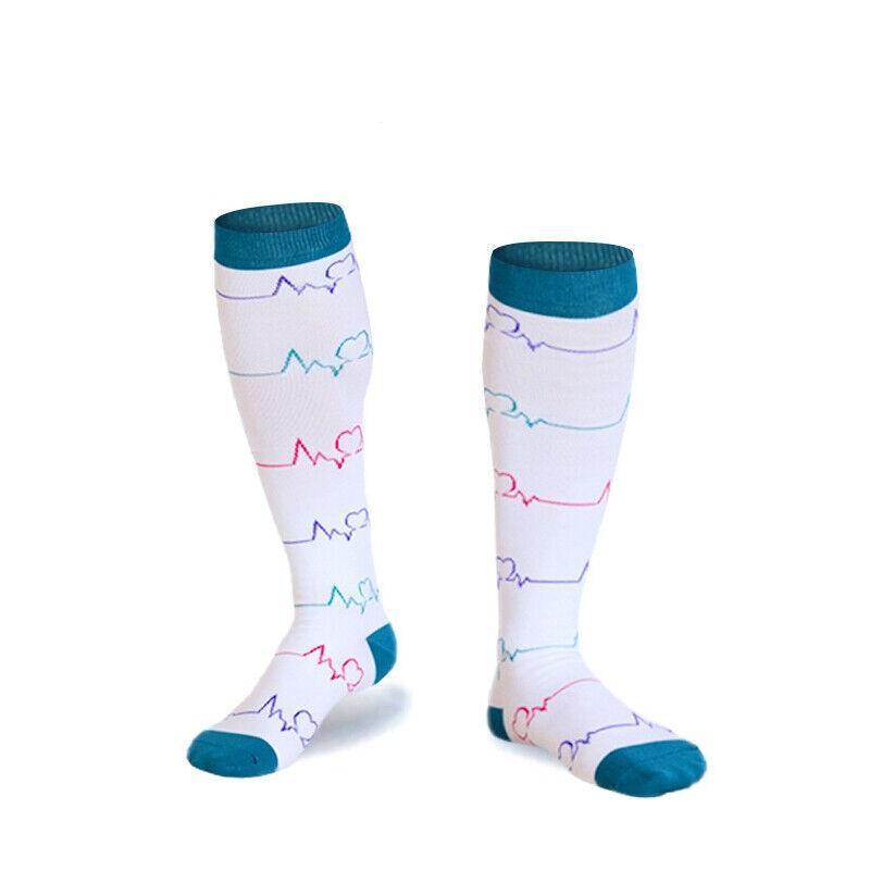 S/M Compression Socks Women Men Nursing Travel Stocking Sport Running - White Polka Dots