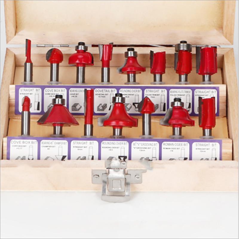 15X 1/2 1/4 inch Router Bits Set Woodworking Tool Cutter Shank Tungsten Carbide - Red 1/4
