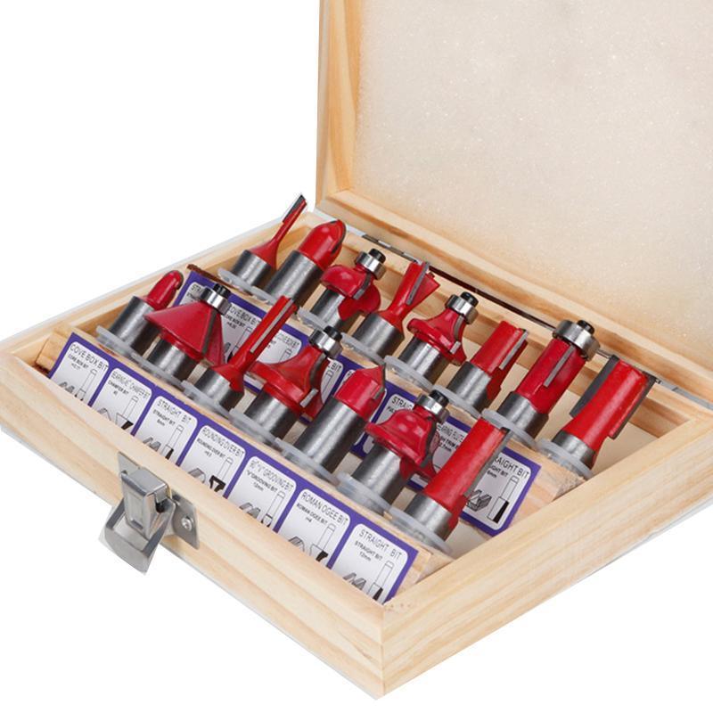 15X 1/2 1/4 inch Router Bits Set Woodworking Tool Cutter Shank Tungsten Carbide - Red 1/4