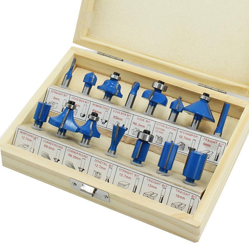 15X 1/2 1/4 inch Router Bits Set Woodworking Tool Cutter Shank Tungsten Carbide - Red 1/4