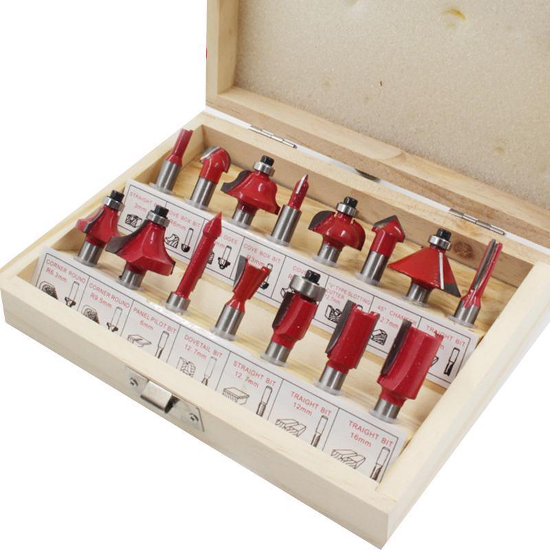 15X 1/2 1/4 inch Router Bits Set Woodworking Tool Cutter Shank Tungsten Carbide - Blue 1/4