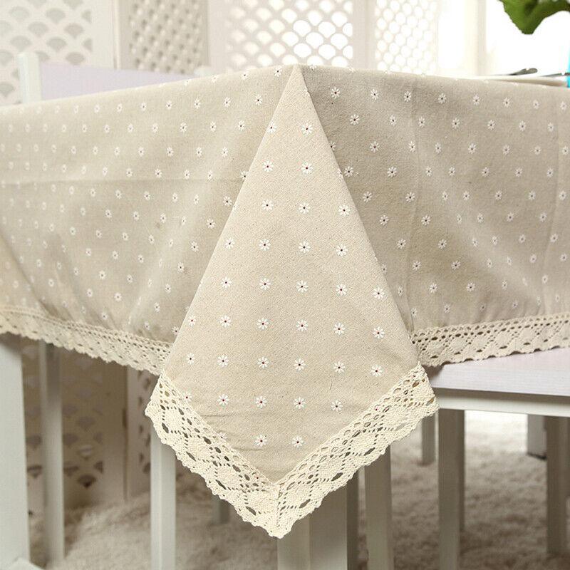 Floral Tablecloth with Lace Edge Cotton Linen Cover for Dining Table Square Rectangle - 140*140CM