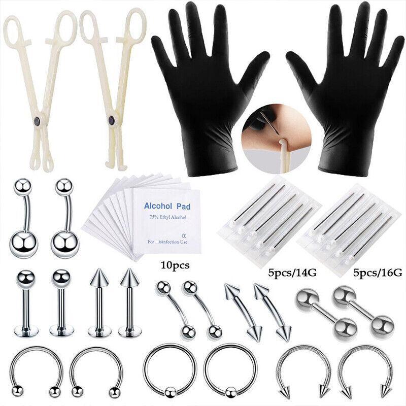42Pcs Body Piercing Kit Needle Nipple Belly Tongue Eyebrow Nose Lip Ring 14G/16G