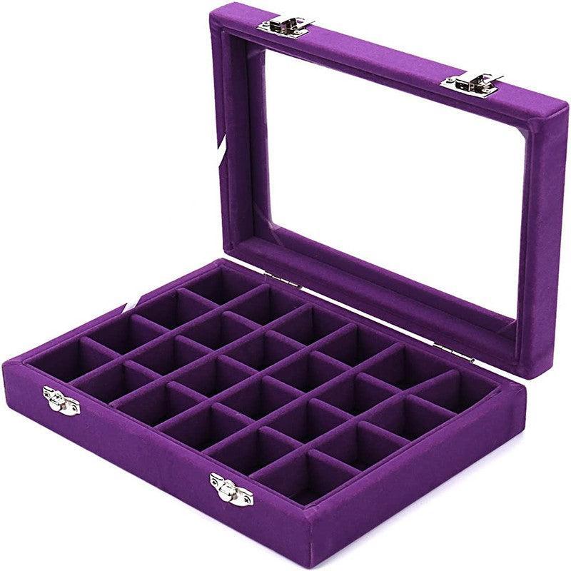 Velvet Jewelry Box Earring Organizer Display Case Storage Holder with 24 Grid - Grey
