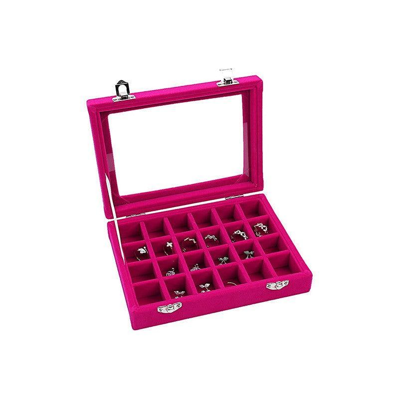 Velvet Jewelry Box Earring Organizer Display Case Storage Holder with 24 Grid - Rose Red