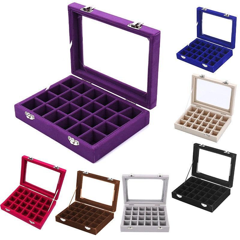 Velvet Jewelry Box Earring Organizer Display Case Storage Holder with 24 Grid - Navy