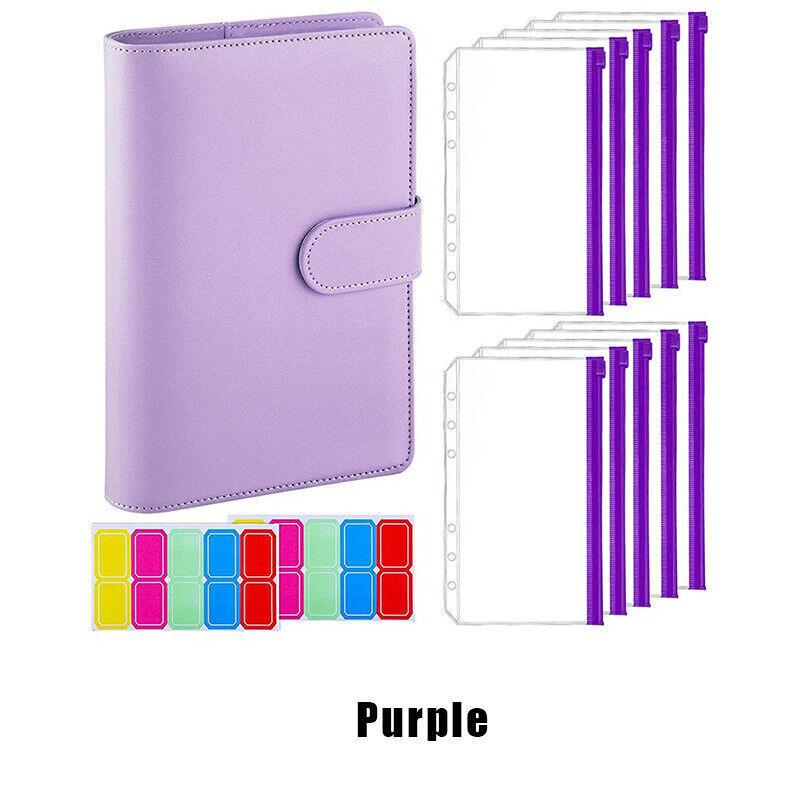 A6 Pu Leather Binder Pockets Cash Envelope Planner Notebooks - Laser Purple
