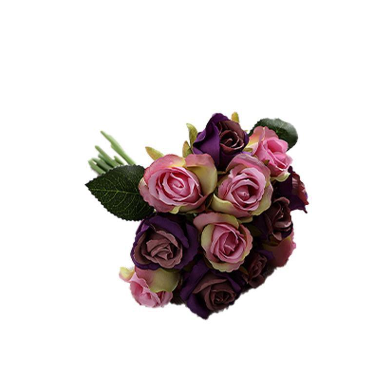 12 Heads Silk Rose Artificial Flowers Fake Bouquet - Purple