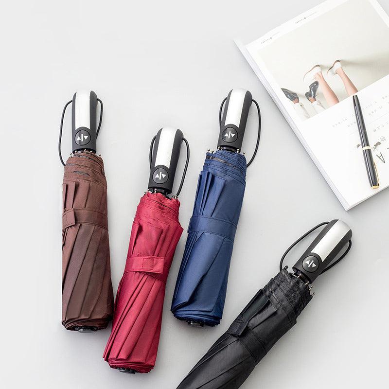 Automatic Umbrella Auto Open Close Compact Folding Anti Rain Windproof 10Ribs Au - Brown