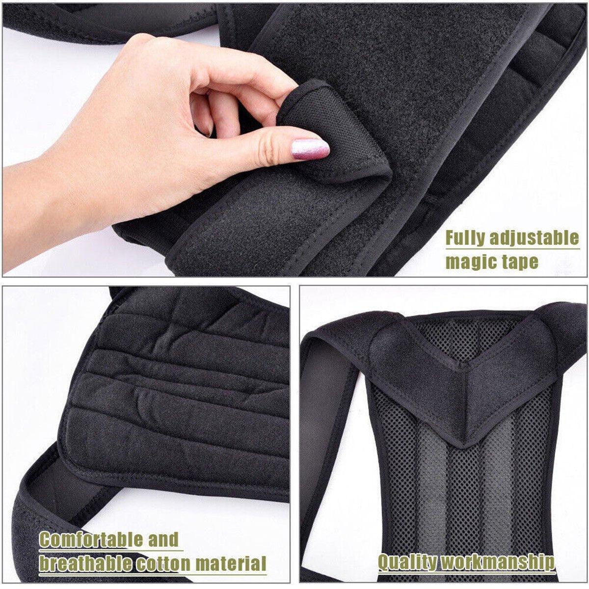 Adjustable Back Posture Corrector Brace Lumbar Shoulder Support Belt for Unisex - Black-XL