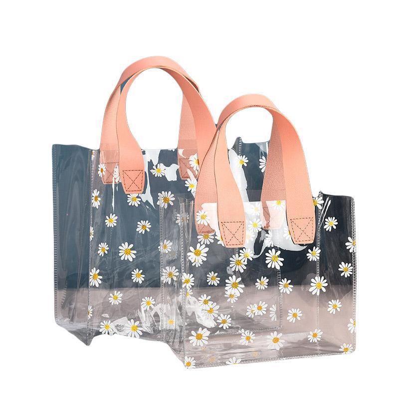 10pcs Small Fresh Transparent PVC Tote Bag Wedding Candy Gift Bag Daisy Design - Red - S