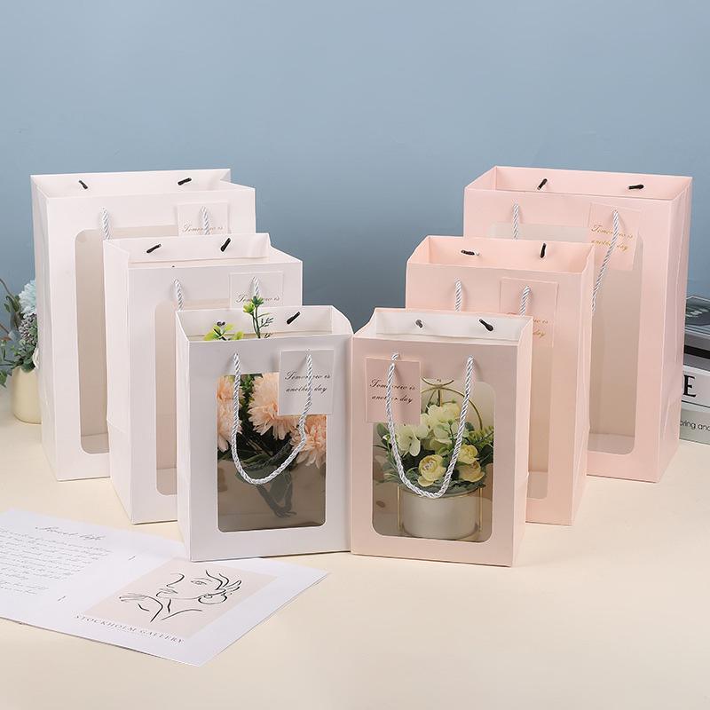 25x Thick Gift Bags with Transparent Window for Valentines Day Bouquets and Gift - Tote-Bag-25pcs-Red-18-13-25cm