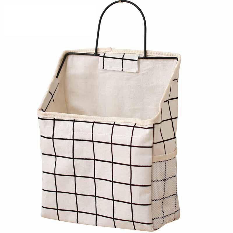 Wall Hanging Storage Bag Home Wardrobe Organiser Pouch Book Holder Phone Pocket - Black Grid