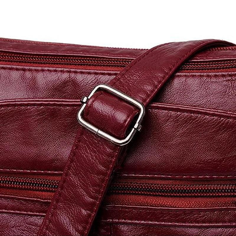 Multi Pocket Women Shoulder Bag Leather Crossbody Handbag Everyday Messenger - Red