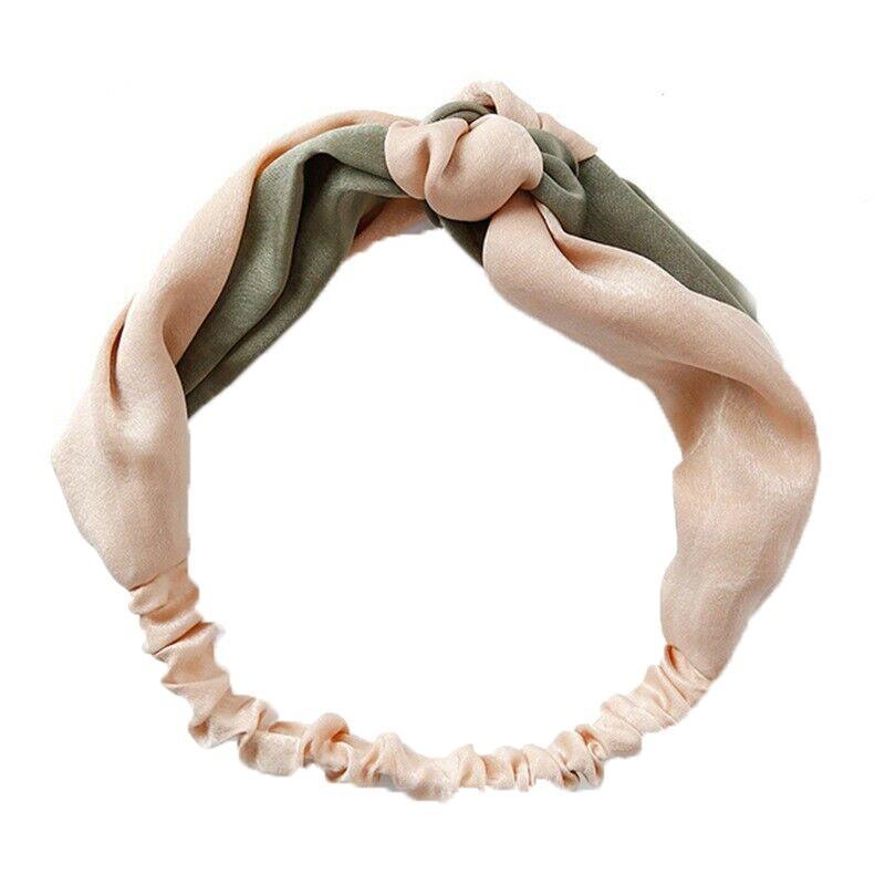 Women Chiffon Floral Print Headband Fashion Bohemian Elastic Cross Hair Bands - Beige+Green
