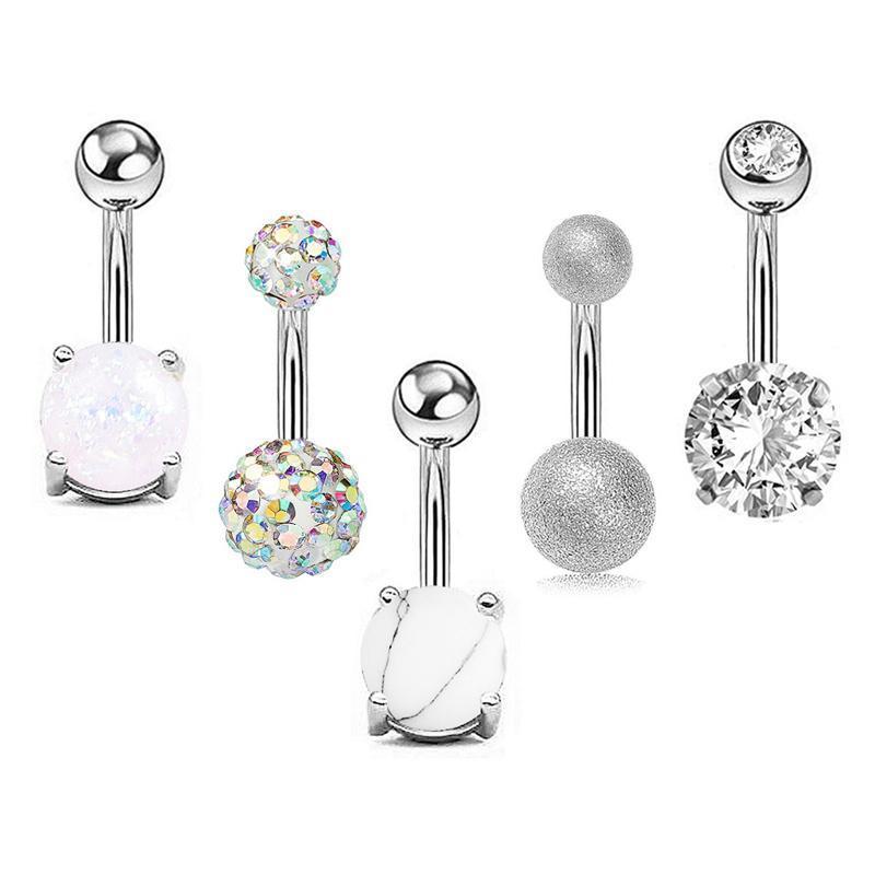 5Pcs Belly Bar Piercing Ring Crystal Zircon Surgical Steel Silver Jewellery - Rose Gold