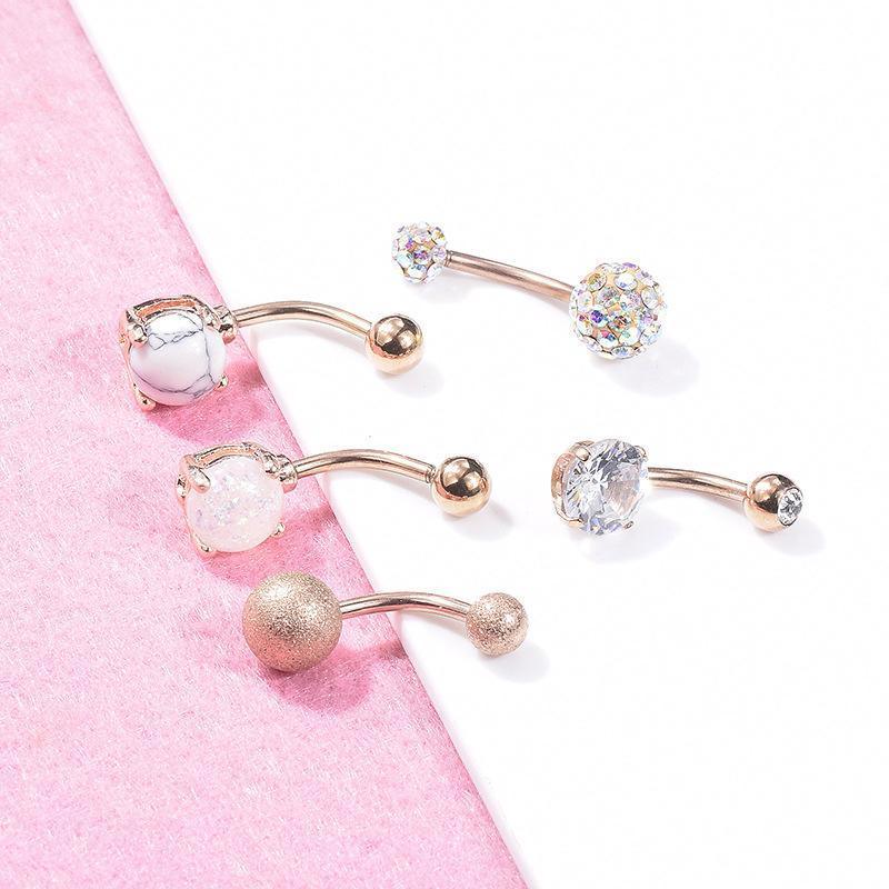 5Pcs Belly Bar Piercing Ring Crystal Zircon Surgical Steel Silver Jewellery - Silver