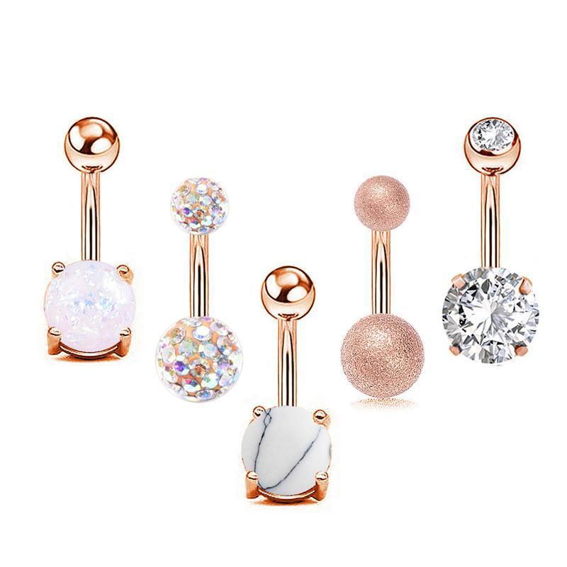 5Pcs Belly Bar Piercing Ring Crystal Zircon Surgical Steel Silver Jewellery - Silver