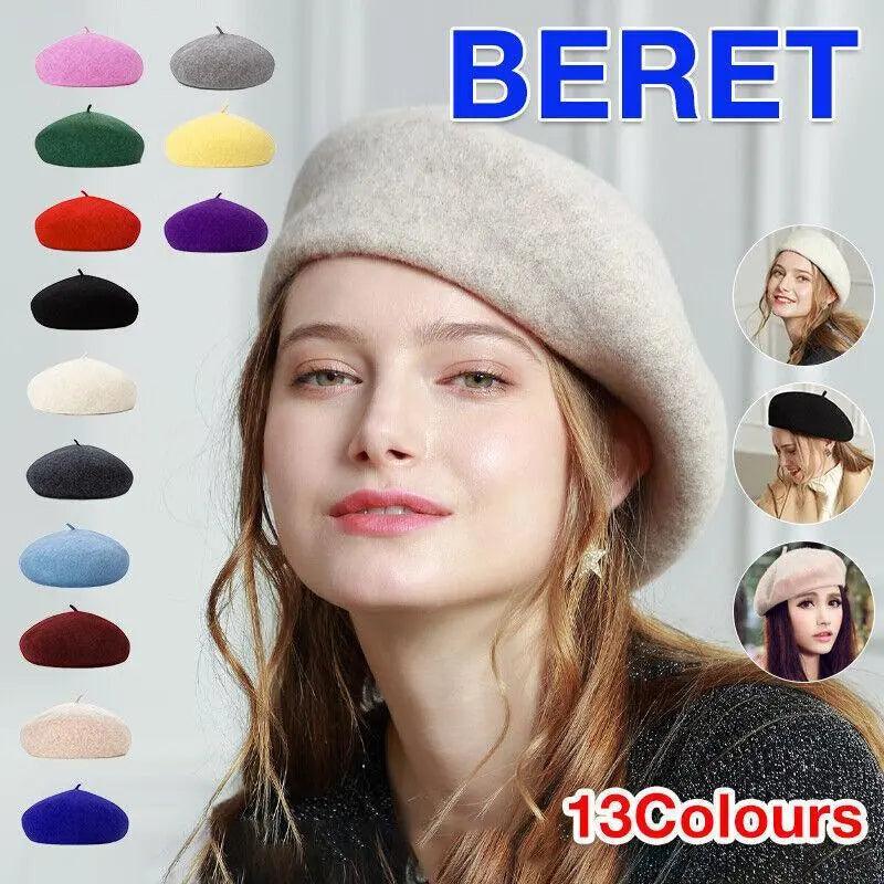 Women Ladies Beanie Wool French Beret Newsboy Hat Cap Winter Warm Hats Girls - Beige