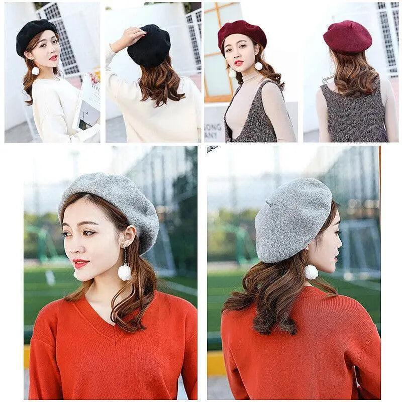 Women Ladies Beanie Wool French Beret Newsboy Hat Cap Winter Warm Hats Girls - Red