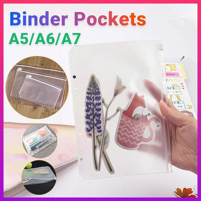 12X A5/A6/A7 Binder Pocket Zipper 6 Holes Pvc Document Filling Bags Clear Kit - A5(21*15CM)
