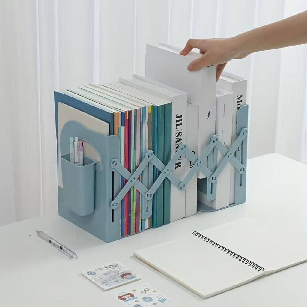 Retractable Book Stand Desk Organizer Adjustable Storage Rack with Pen Holder - White
