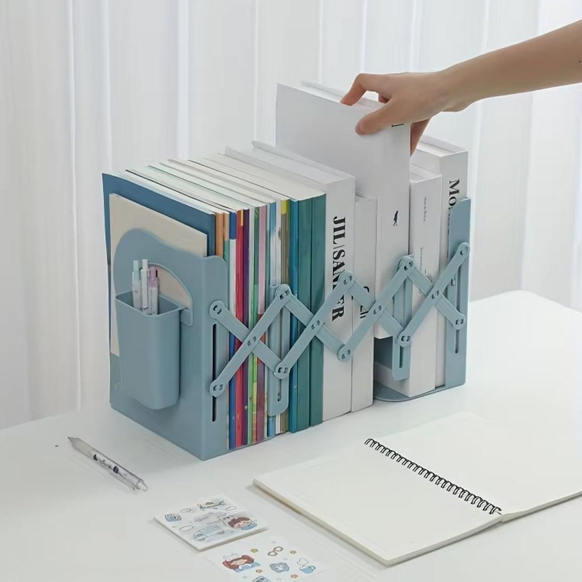 Retractable Book Stand Desk Organizer Adjustable Storage Rack with Pen Holder - White