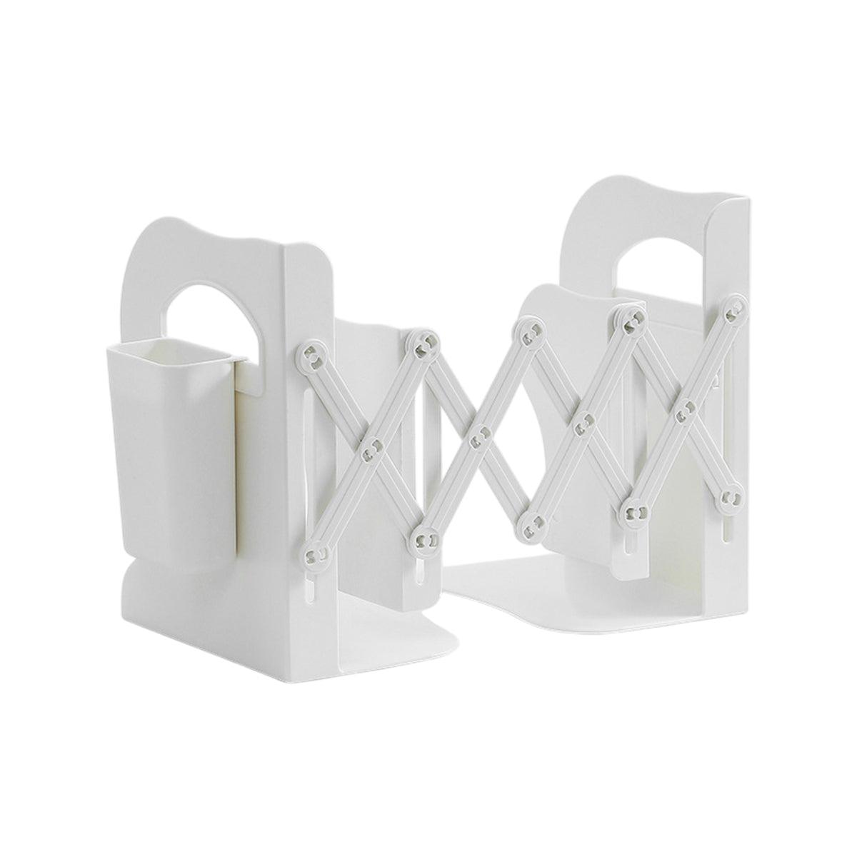 Retractable Book Stand Desk Organizer Adjustable Storage Rack with Pen Holder - White