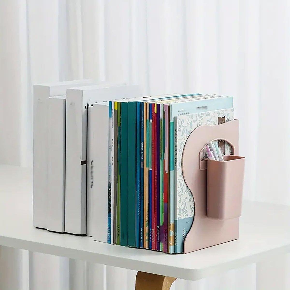 Adjustable Desktop Bookshelf Organizer With Pen Holder Folding Book Storage Rack - White