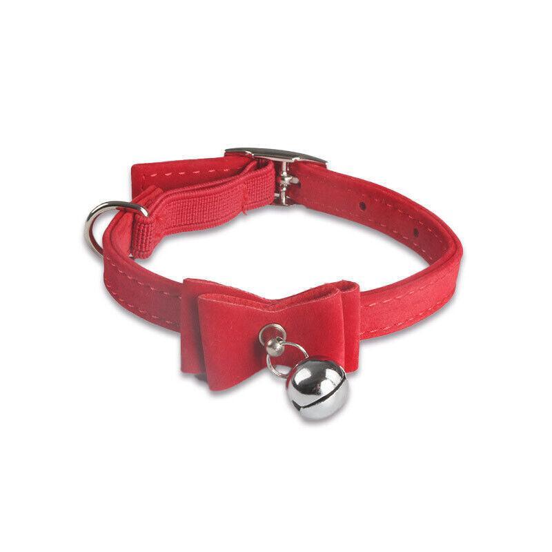 1× Adjustable Suede Cat Collar with Bow Bell Pink Blue Black Red - Black