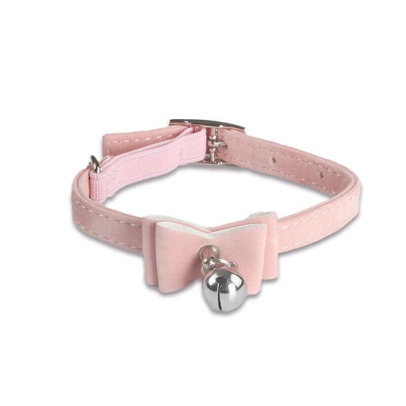1× Adjustable Suede Cat Collar with Bow Bell Pink Blue Black Red - Blue
