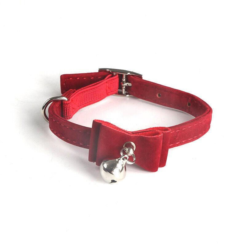 1× Adjustable Suede Cat Collar with Bow Bell Pink Blue Black Red - Blue