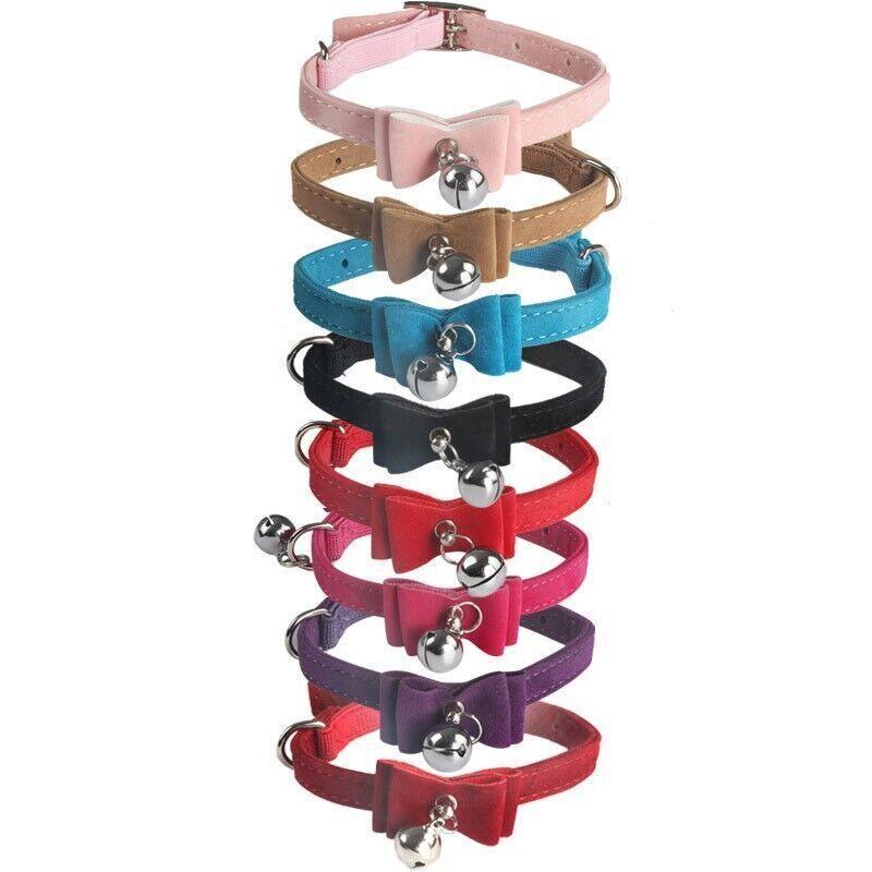 1× Adjustable Suede Cat Collar with Bow Bell Pink Blue Black Red - Pink