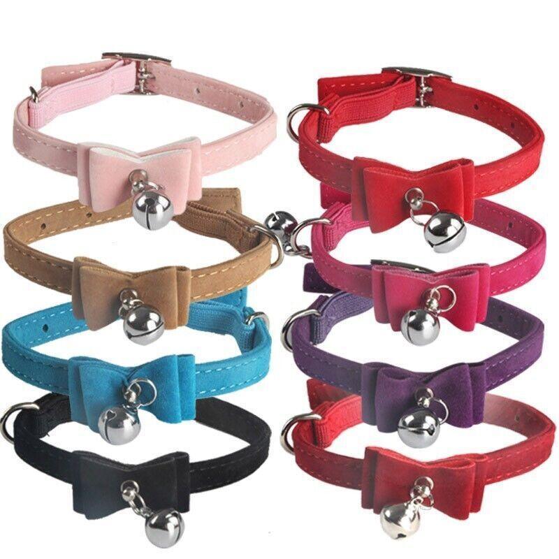 1× Adjustable Suede Cat Collar with Bow Bell Pink Blue Black Red - Pink