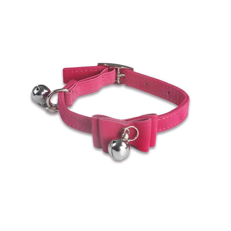 1× Adjustable Suede Cat Collar with Bow Bell Pink Blue Black Red - Pink