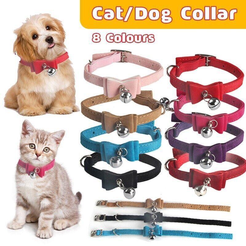 1× Adjustable Suede Cat Collar with Bow Bell Pink Blue Black Red - Rose Red