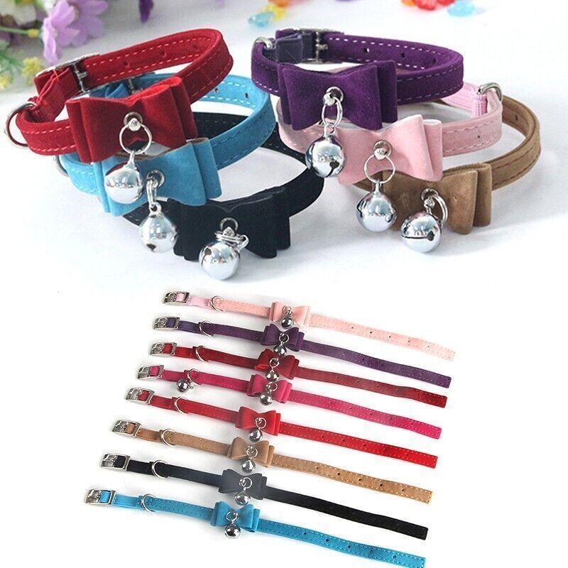 1× Adjustable Suede Cat Collar with Bow Bell Pink Blue Black Red - Rose Red