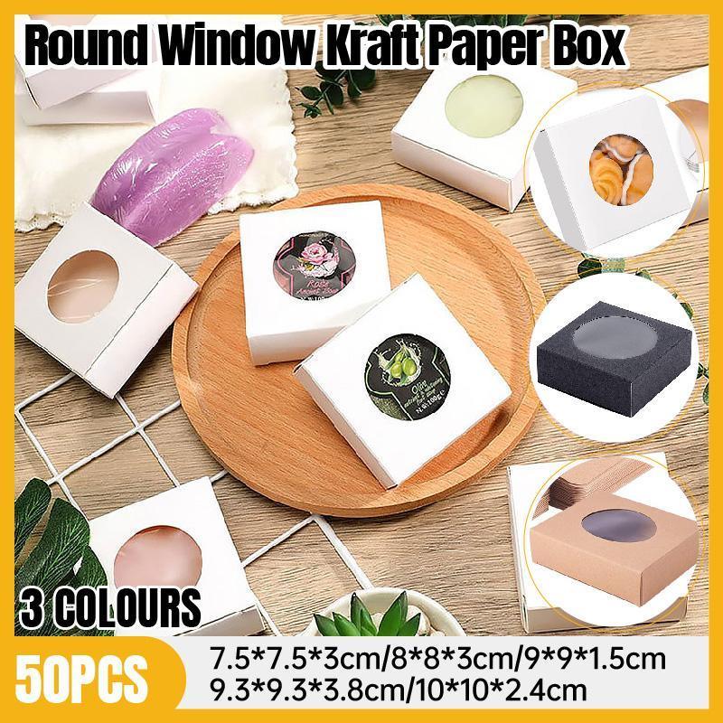 50PCS Handmade Soap Paper Box Round Window Kraft Black White Candy Biscuit Box - White-50pcs 9*9*1.5CM