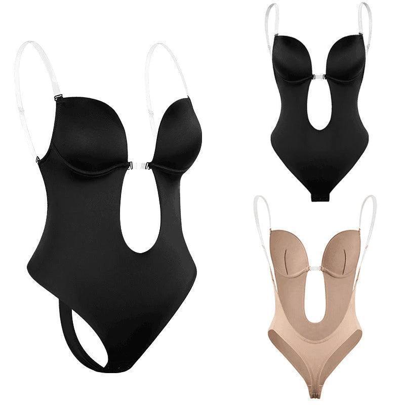 M Size Women Deep U Plunge Seamless Push Up Bra Thong Backless Bodysuit - Skin