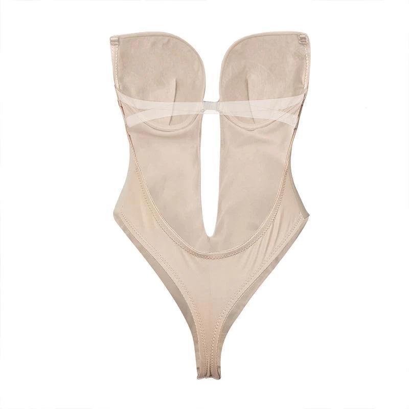 M Size Women Deep U Plunge Seamless Push Up Bra Thong Backless Bodysuit - Skin