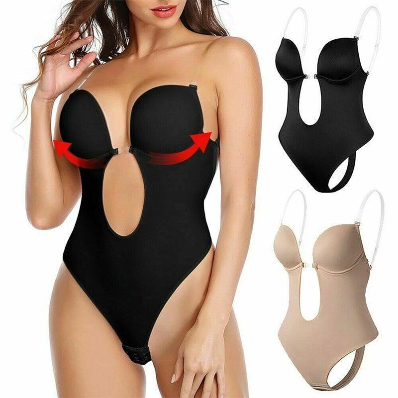 M Size Women Deep U Plunge Seamless Push Up Bra Thong Backless Bodysuit - Skin