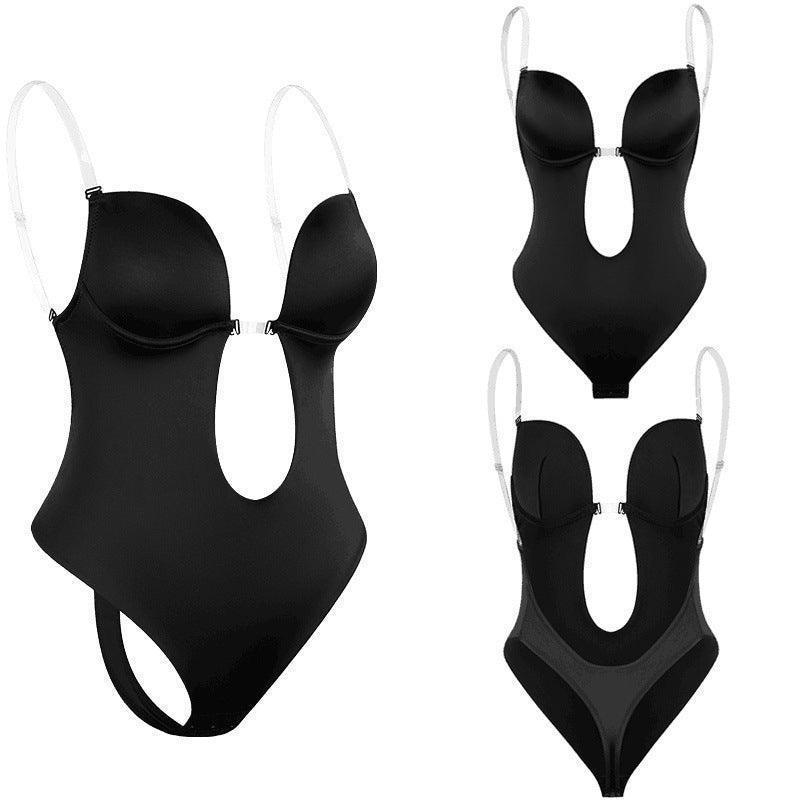 M Size Women Deep U Plunge Seamless Push Up Bra Thong Backless Bodysuit - Skin