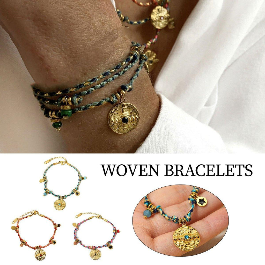Boho Bracelet Set Women Natural Stone Woven Retro Style Adjustable Layered - Pink