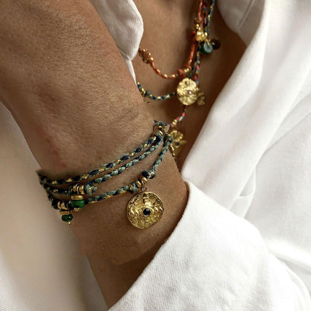 Boho Bracelet Set Women Natural Stone Woven Retro Style Adjustable Layered - Pink