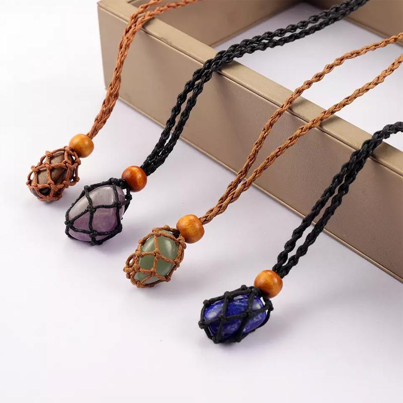 L Size Empty Stone Holder Necklace Crystal Quartz Gemstone Cage Rope Cord Pendant DIY - Brown