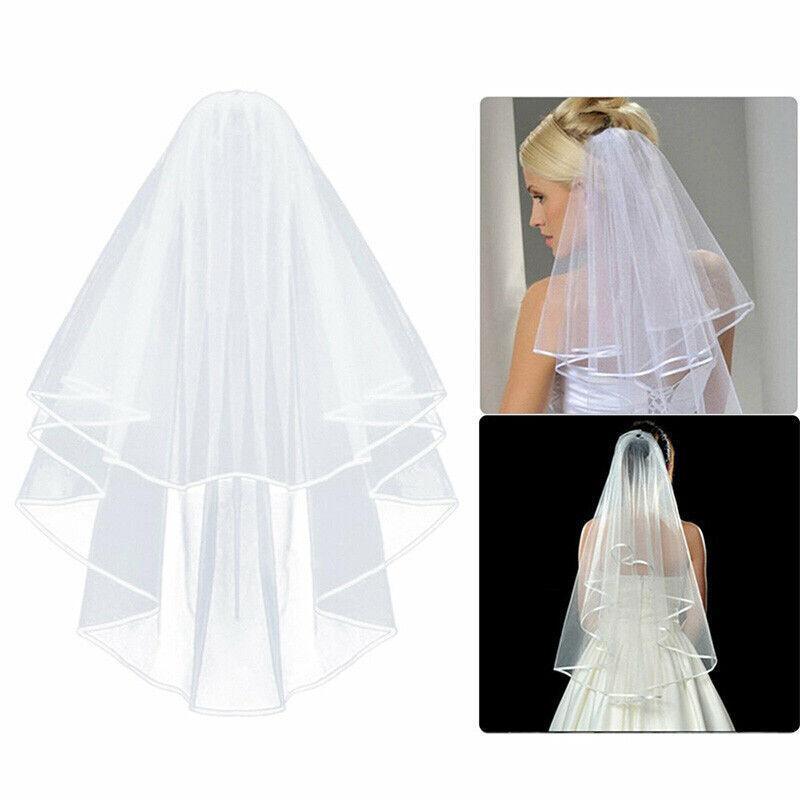 Bridal 2 Layer Wedding Veil with Comb Satin Edge Short Tulle for Women White Ivory - White