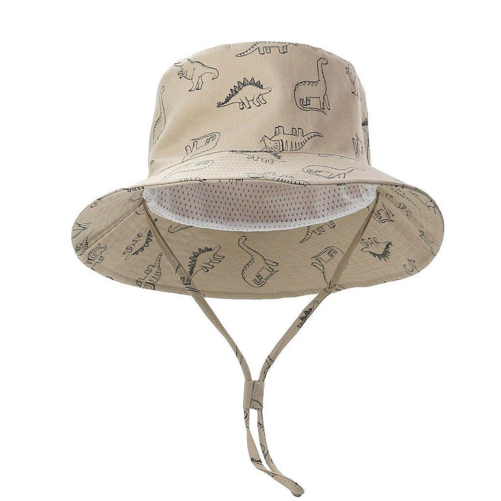 Cartoon Dinosaur Bucket Hat with Wide Brim for Summer Sun Protection - Khaki