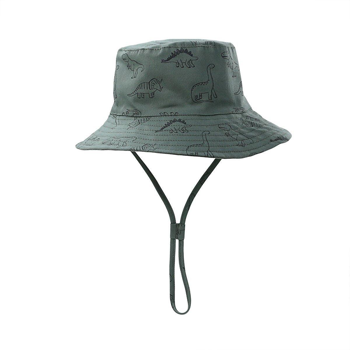 Cartoon Dinosaur Bucket Hat with Wide Brim for Summer Sun Protection - Grey