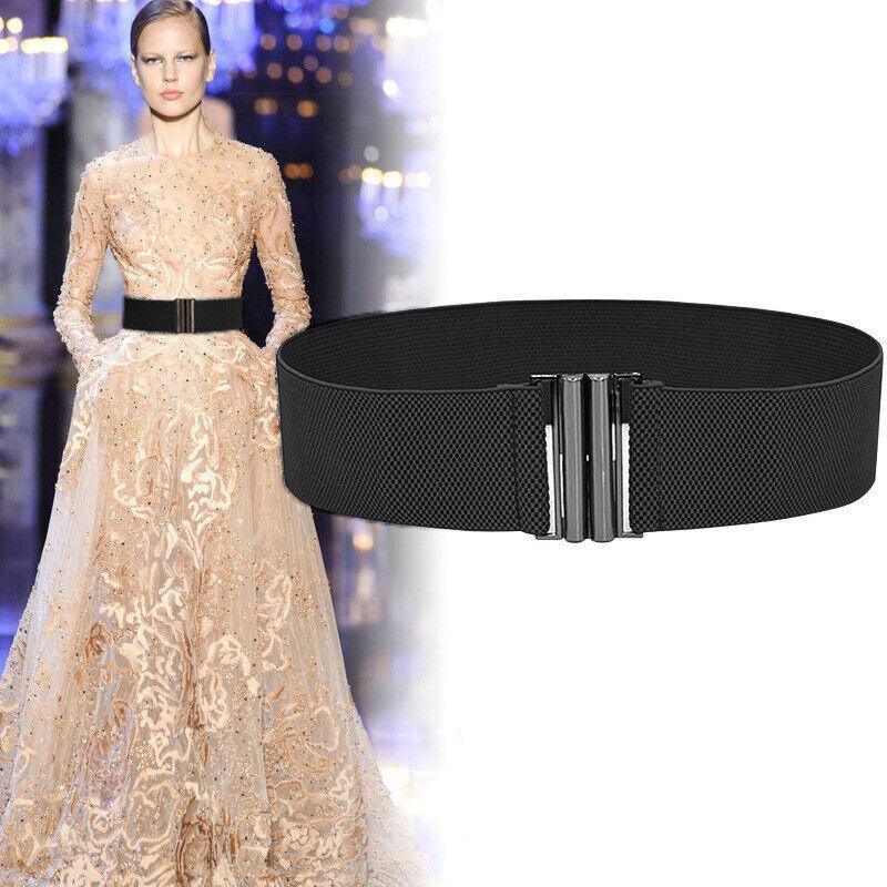 Women Elastic Waist Belt Stretch Cinch Wide Band with Metal Buckle for Dress 3Colours - Brown